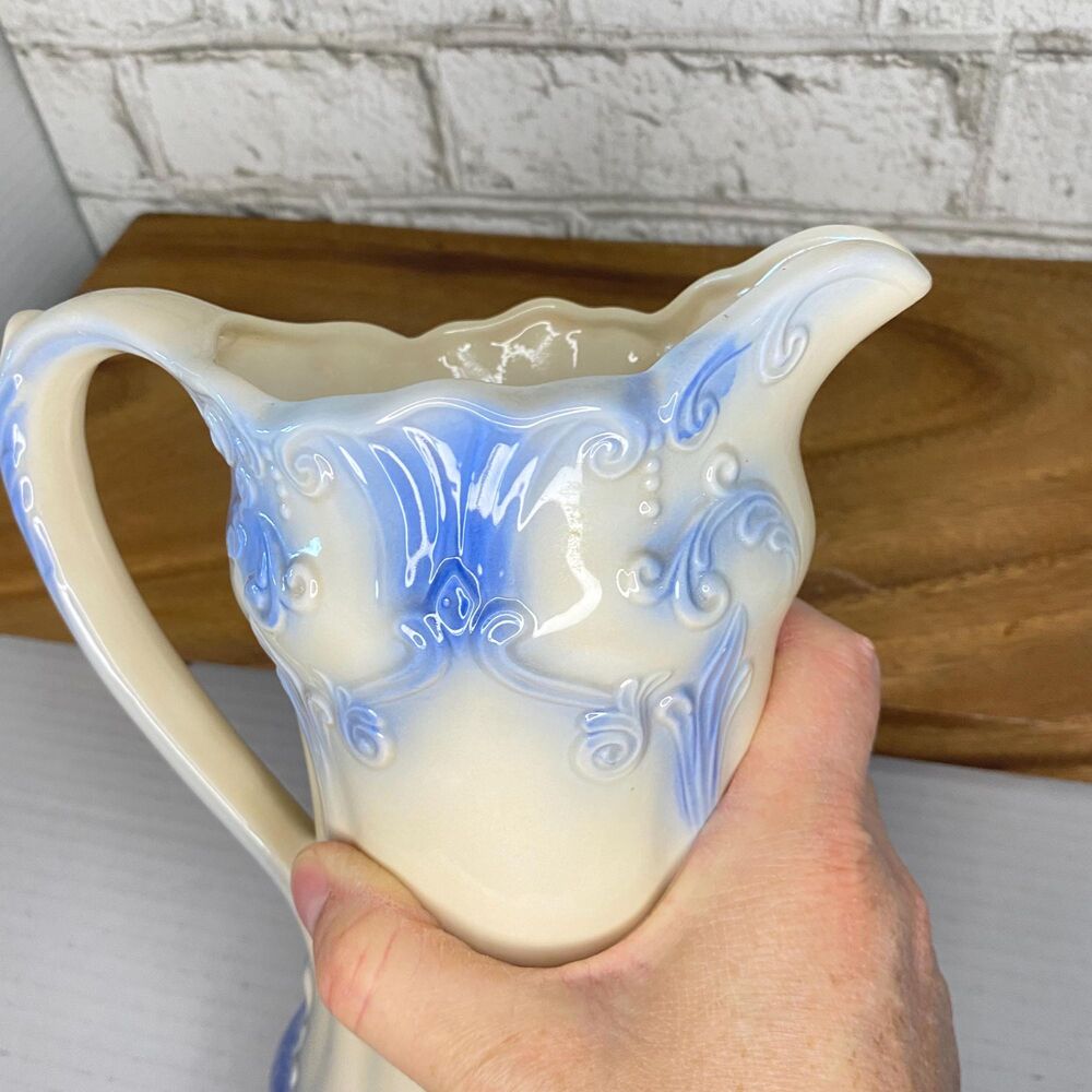 Vintage Victorian Style Wash Basin Pitcher Blue and White 8 3/4" tall